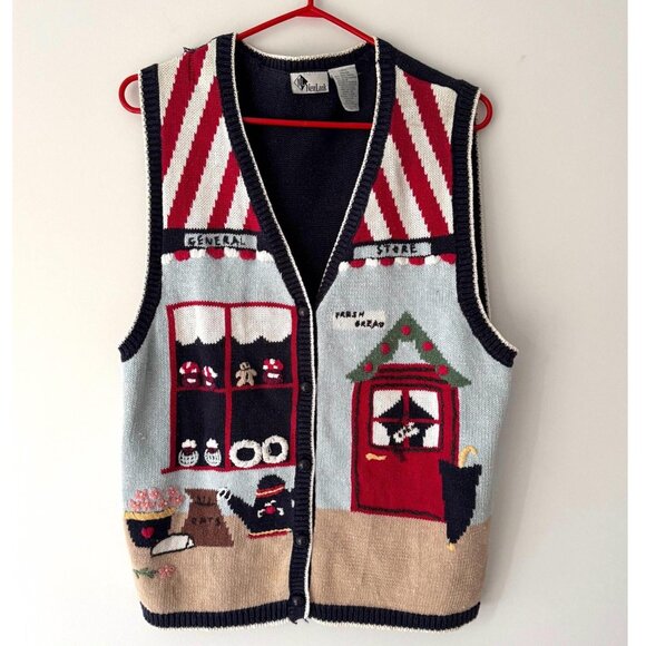 New Look Jackets & Blazers - 90s vintage multicolor novelty kitschy outdoor scene button up knit sweater vest